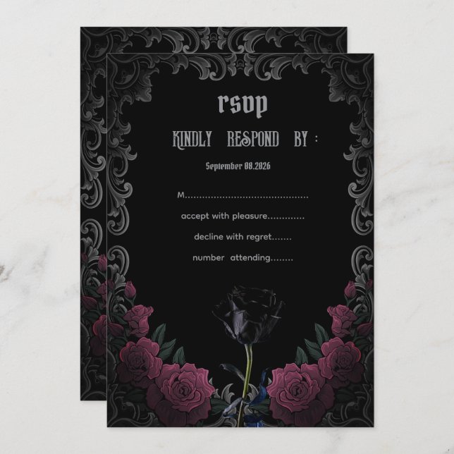 Convites  Black Red Roses Gothic  RSVP   (Frente/Verso)
