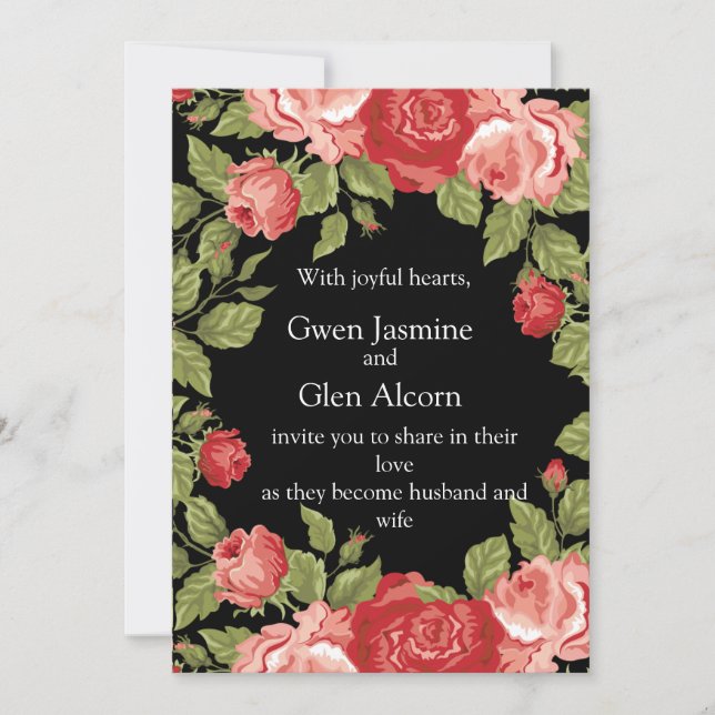 Convites Black & Red Roses Wedding Invitation – Elegant  (Frente)