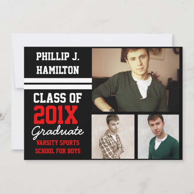 Convites Black/Red Sporty Boys 3 Graduação em Foto (Frente)
