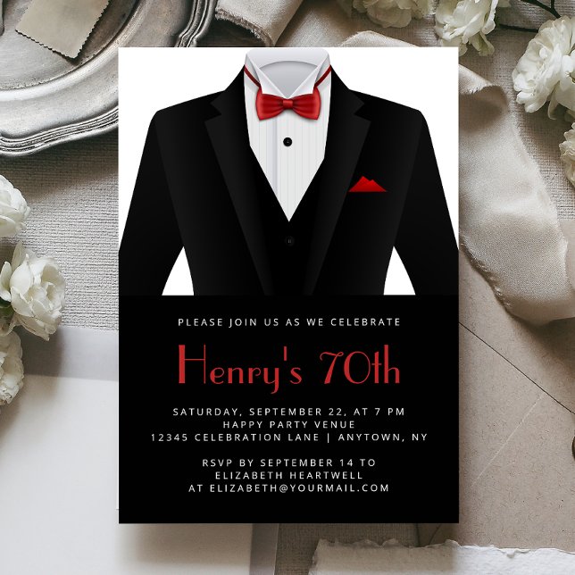 Convites Black Red Tuxedo Mens 70th Birthday Party (Criador carregado)