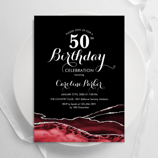 Convites Black Red White Agate 50º aniversário (Criador carregado)