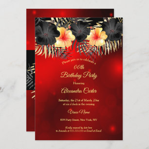 Convites Black Red yellow Hibiscus Tropical Floral Party