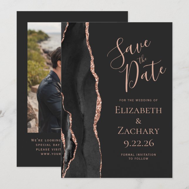 Convites Black Rose Gold Ágata Foto Dark Save the Date (Frente/Verso)