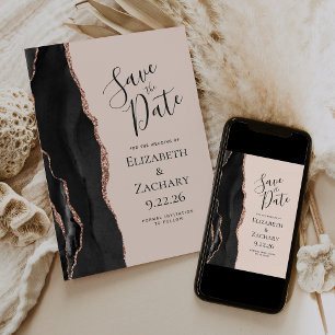 Convites Black Rose Gold Agate Blush Save the Date