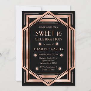 Convites Black & Rose Gold Art Deco Quadro Vintage Sweet 16