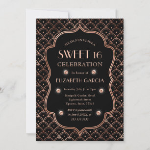 Convites Black & Rose Gold Art Deco Quadro Vintage Sweet 16