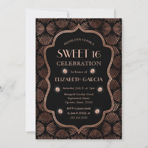 Convites Black & Rose Gold Art Deco Quadro Vintage Sweet 16