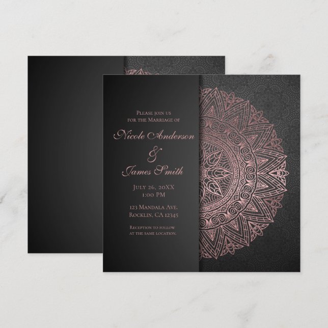 Convites Black & Rose Gold Mandala Elegante Casamento Matri (Frente/Verso)