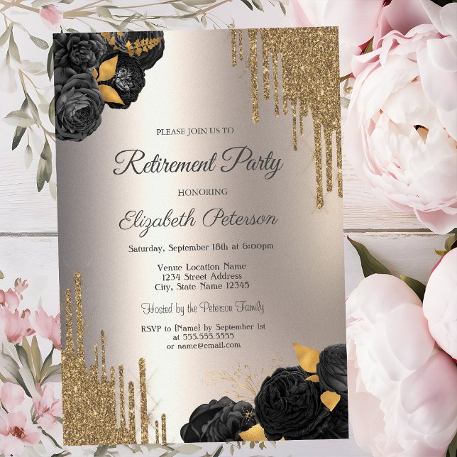 Convites Black Roses Glitter Drips Ivory Retirement Party (Criador carregado)