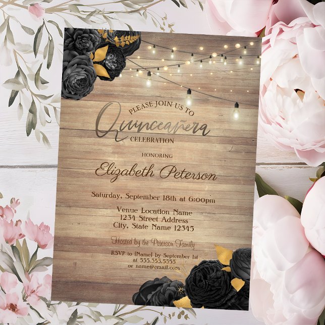 Convites Black Roses,String Lights,Wood Texture Quinceañera (Criador carregado)