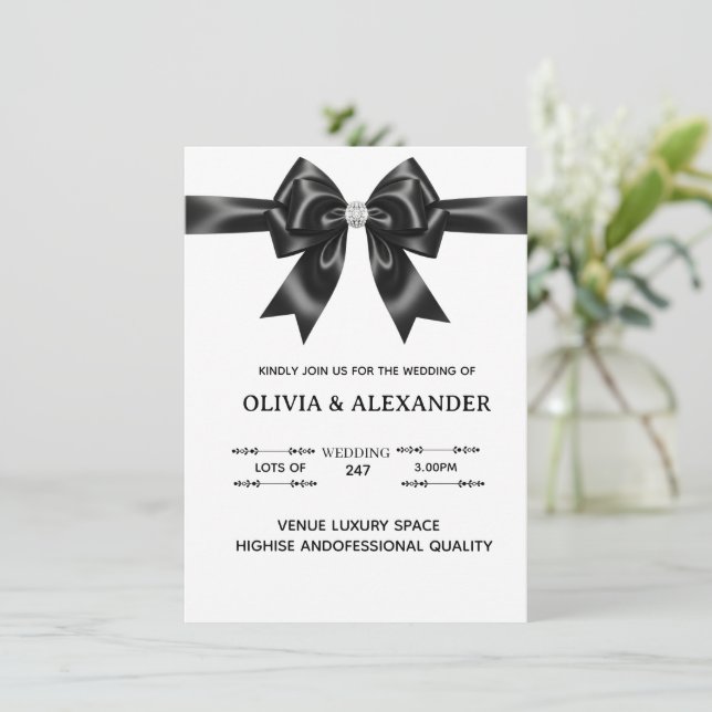 Convites Black Satin Bow Wedding Invitation | Elegant Ribbo (Em pé/Frente)