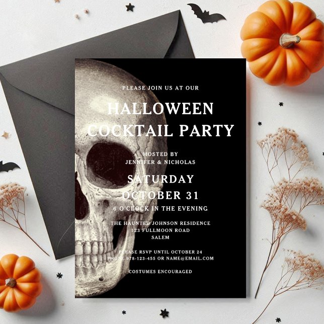 Convites Black Scarull Adult Halloween Cocktail Party (Black Scary Skull Adult Halloween Cocktail Party Invitation)