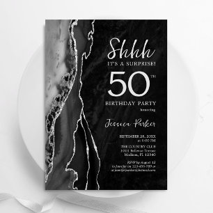 Convites Black Silver Agate Surprise 50th Birthday