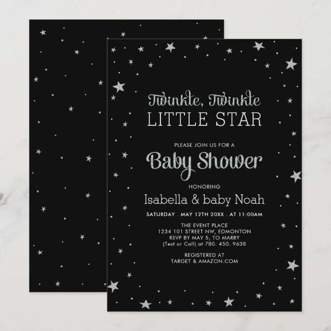Convites Black & Silver | Chuvinha de Estrelas Baby Shower (Frente/Verso)