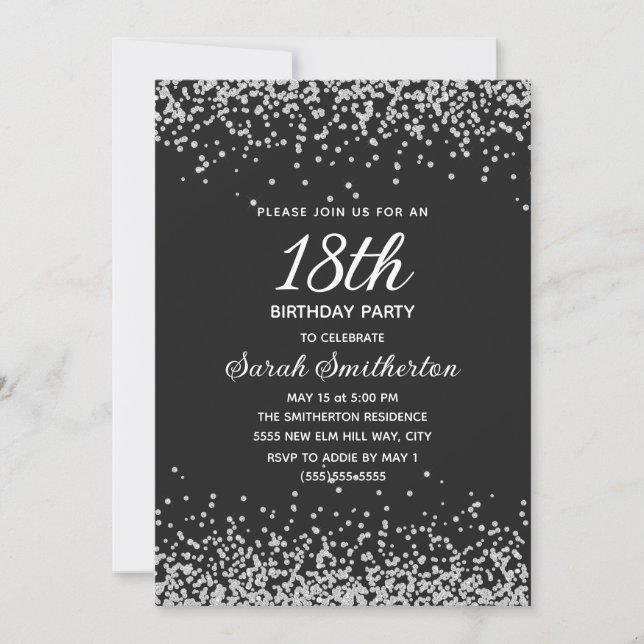 Convites Black Silver Diamond Glitter 18º aniversário (Frente)