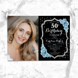 Convites Black Silver Dusty Blue Foto 50º aniversário<br><div class="desc">Elegante convite de 50 anos florais com sua foto. Design azul-poeirento brilhante preto e poeirento com prata brilhante falso. Apresenta rosas azuis, fonte de script e confetti. Perfeito para uma festa de comemoração de na moda adulto. Personalize com seus próprios detalhes. Pode ser personalizado para qualquer idade! Impressos convites Zazzle...</div>