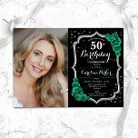Convites Black Silver Emerald Green Foto 50º aniversário<br><div class="desc">Elegante convite de 50 anos florais com sua foto. Glam Black & emerald green design com falso brilho prata. Apresenta rosas verdes, fonte de script e confetti. Perfeito para uma festa de comemoração de na moda adulto. Personalize com seus próprios detalhes. Pode ser personalizado para qualquer idade! Impressos convites Zazzle...</div>