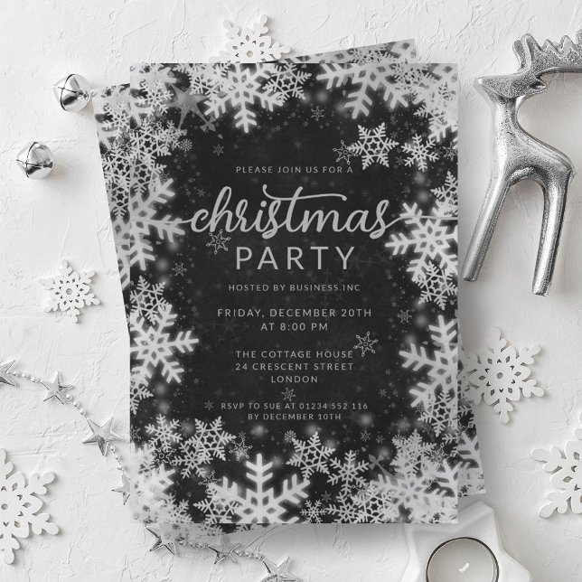 Convites Black Silver Faux Foil Snowflakes Festa de Natal (Black Silver Faux Foil Snowflakes Christmas Party Invitation)