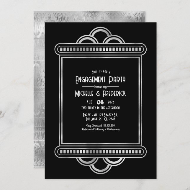 Convites Black & Silver Gatsby Art Deco Engagement Party (Frente/Verso)