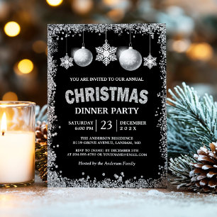 Convites Black Silver Gliters Snowflakes Festa de Natal