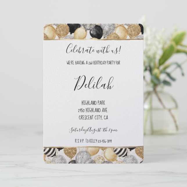 Convites Black Silver Gold Glam Balloons Birthday (Em pé/Frente)