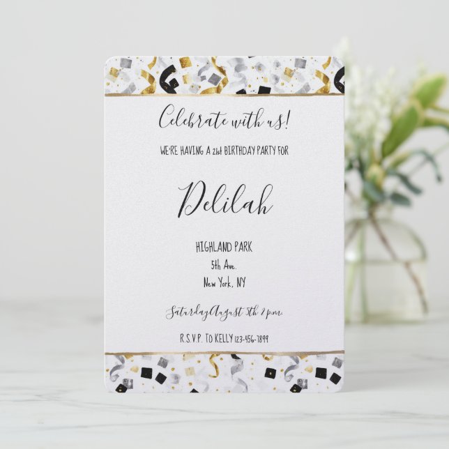 Convites Black Silver Gold Glam Confetti Birthday (Em pé/Frente)