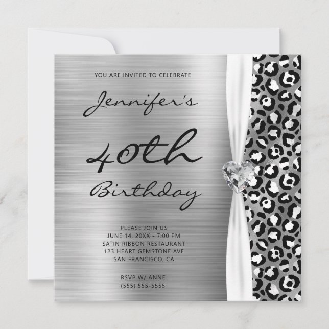 Convites Black Silver Leopard Foil Gem Ribbon 40º Aniversár (Frente)