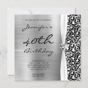 Convites Black Silver Leopard Foil Gem Ribbon 40º Aniversár