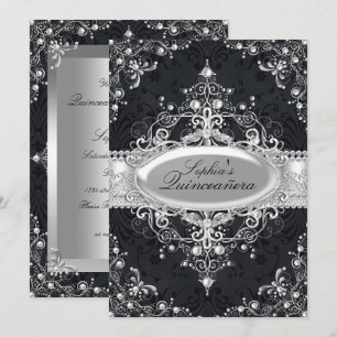 Convites Black & Silver Pearl Vintage Glamour Quinceanera