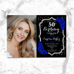 Convites Black Silver Royal Blue Foto 50º aniversário<br><div class="desc">Elegante convite de 50 anos florais com sua foto. Design azul real preto de vidro com prata brilhante. Apresenta rosas azuis de safira, fonte de script e confetti. Perfeito para uma festa de comemoração de na moda adulto. Personalize com seus próprios detalhes. Pode ser personalizado para qualquer idade! Impressos convites...</div>