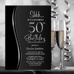 Convites Black Silver Surprise 50th Birthday<br><div class="desc">Convide seus amigos e entes queridos com este moderno convite de aniversário negro e prateado surpresa 50º. A área de texto personalizável neste modelo de convite permite que você inclua facilmente todos os detalhes necessários para sua celebração especial de aniversário, incluindo as informações de data, hora, local e RSVP. Uma...</div>
