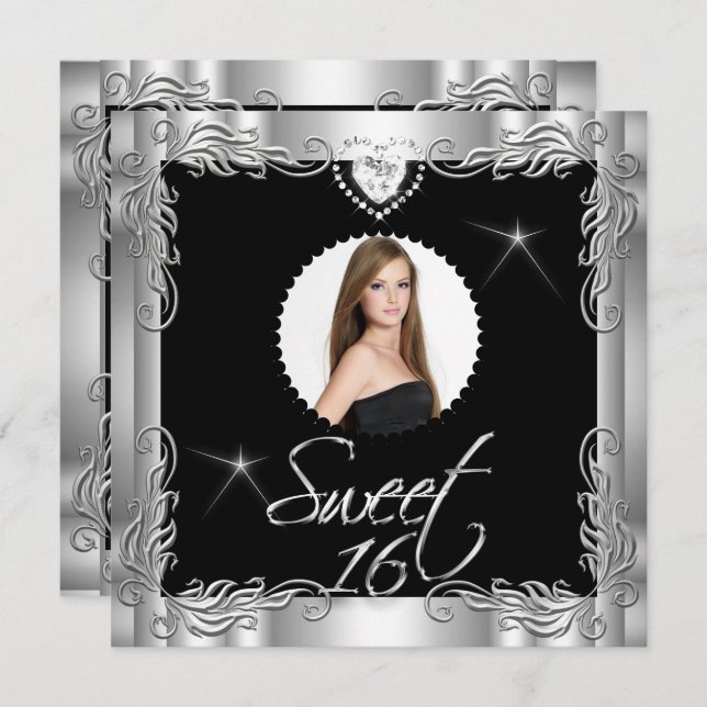 Convites Black Silver Sweet Sessenta Doces 16 Foto (Frente/Verso)