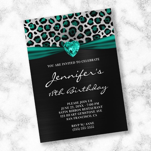 Convites Black Silver Teal Green Leopard Foil 18º Aniversár (Criador carregado)