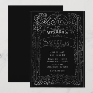 Convites Black & Silver Vintage Victorian Deco Sweet 16