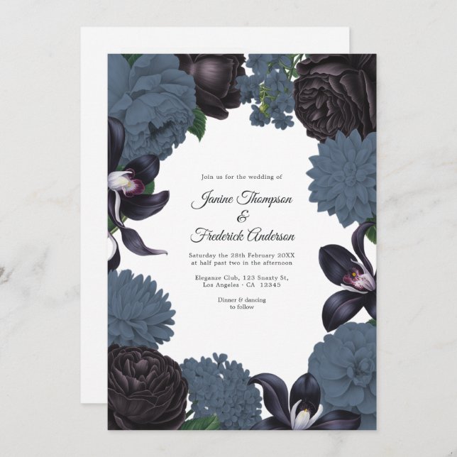 Convites Black & Slate Photo/QR Code Floral Wedding (Frente/Verso)