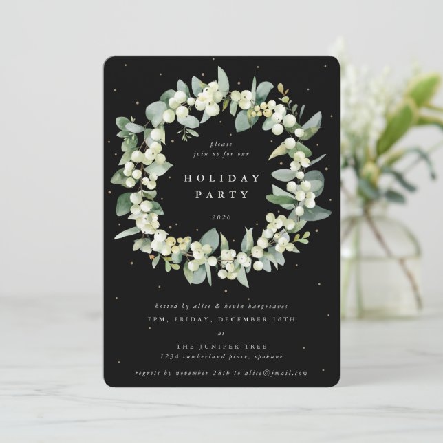 Convites Black Snowberry+Eucalyptus Wreath Holiday Party (Em pé/Frente)