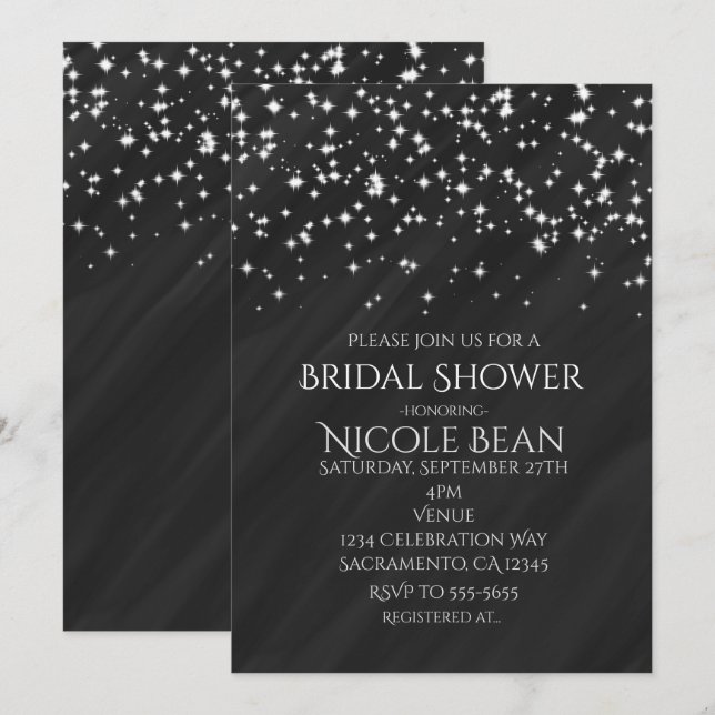 Convites Black & Sparkle Stars Elegant Glamour (Frente/Verso)