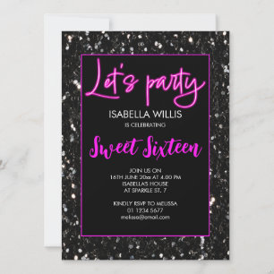 Convites Black sparkles Sweet 16 neon pink lets party