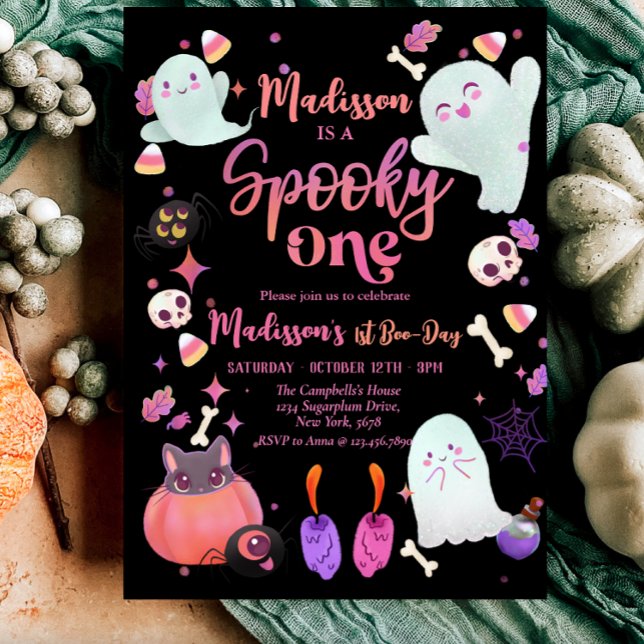 Convites Black Spooky One Halloween Ghost primeiro aniversa (Cute Pink Ghost 1st Birthday Spooktacular)