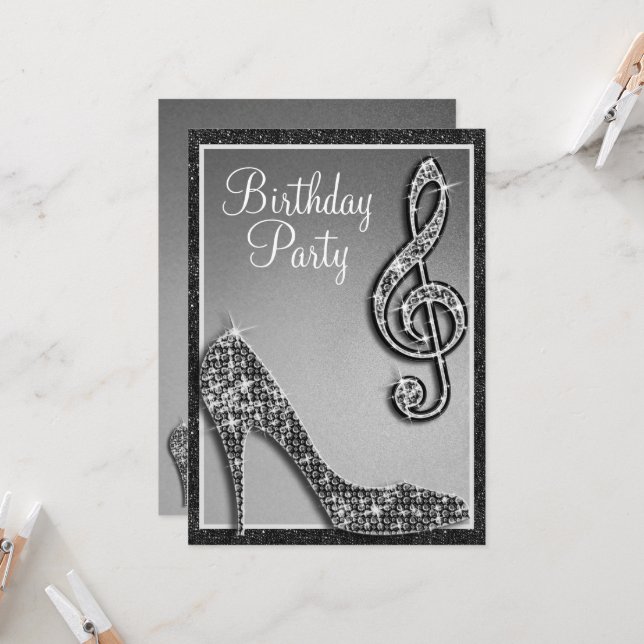 Convites Black Stiletto & Treble Clef Birthday (Frente/Verso In Situ)