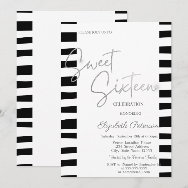 Convites Black Striped Silver Script Sweet 16  (Frente/Verso)