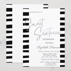 Convites Black Striped Silver Script Sweet 16