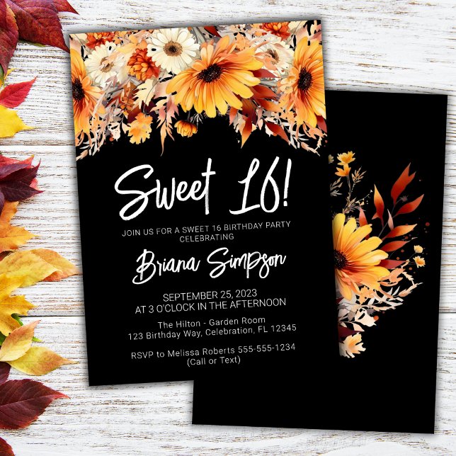 Convites Black Sweet 16 Birthday Fall Floral (Criador carregado)