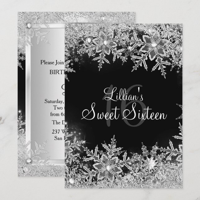 Convites Black Sweet 16 Diamond Snowflake Wonderland (Frente/Verso)
