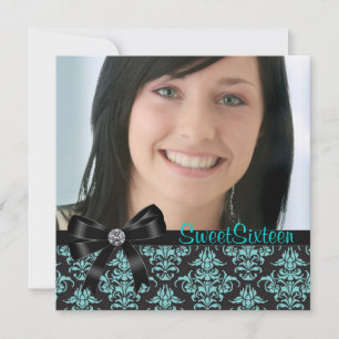 Convites Black Teal Blue Damask Foto Sweet Six Party