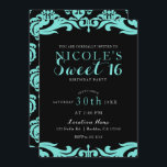 Convites Black & Teal Damask Chic Elegant Sweet 16 Party<br><div class="desc">Personalizar para qualquer evento.</div>