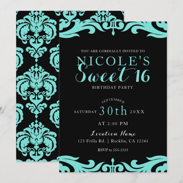 Convites Black & Teal Damask Chic Elegante Festa Doce 16 An (Frente/Verso)