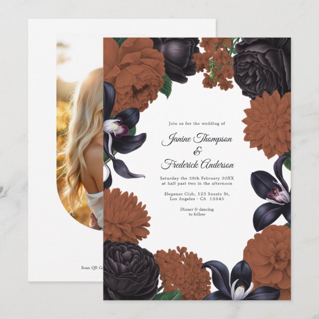 Convites Black & Terracotta Photo/QR Code Floral Wedding (Frente/Verso)