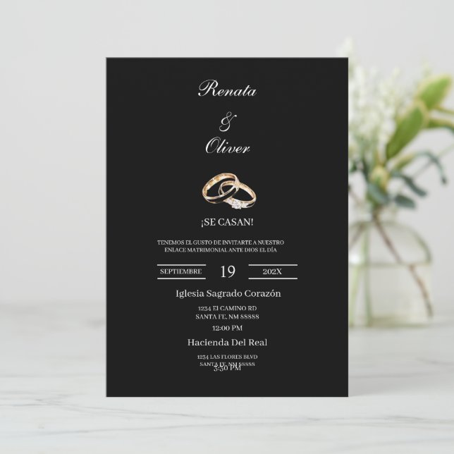 Convites Black theme wedding ring Spanish Wedding (Em pé/Frente)