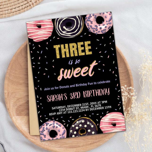 Convites Black Three é Sweet Rosquinha Birthday Invtions (Black Three is Sweet Donut Birthday Invitations)